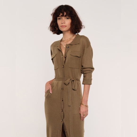 Heartloom Melina Wool Blend Midi Cardigan Dress in Olive, Size Small - Picture 3 of 10